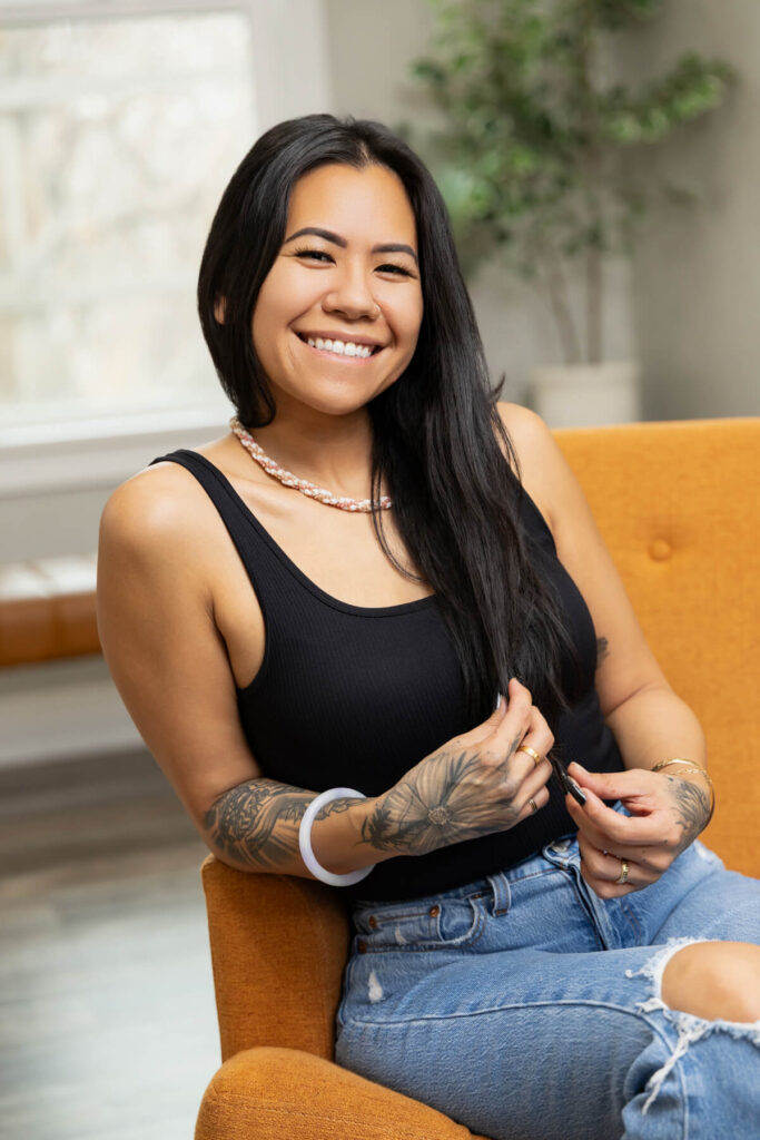 Woman smiling during photo session in Utah with Sara Vaz.